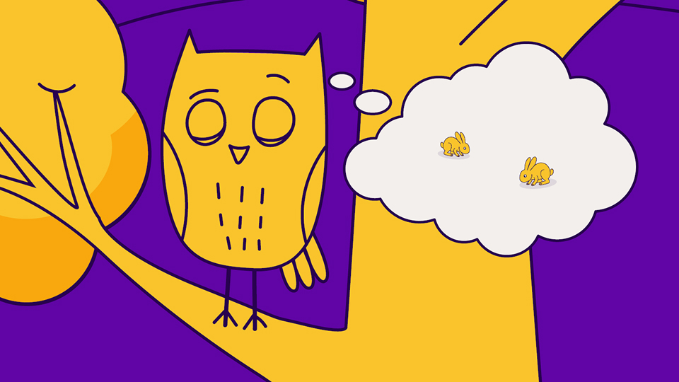 Ilustrācija ar pūci kokā, kura sapņo par diviem zaķīšiem.
