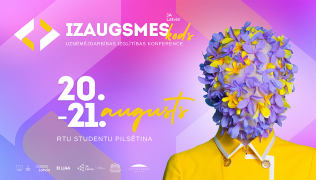ilustratīva vizualizācija rozā un violetos toņos par konferenci